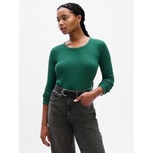 GAP Women's Waffle-Knit Crewneck Lightweight Thermal T-Shirt--Dark Green-Size XL